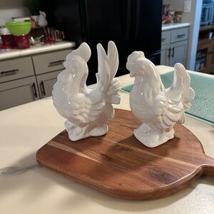 White Glazed Ceramic Rooster and Hen Couple Figurines. 7” & 6” H